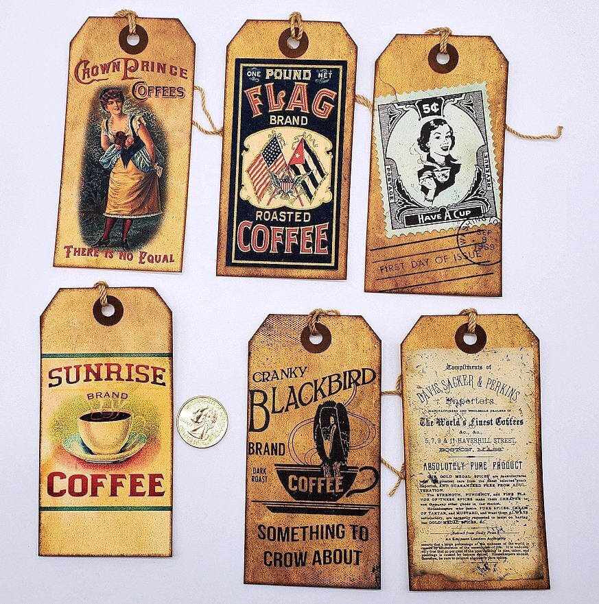 6-Vintage-Coffee-Ad-Junk Journal-Ephemera-Linen Cardstock-Hang-Tags