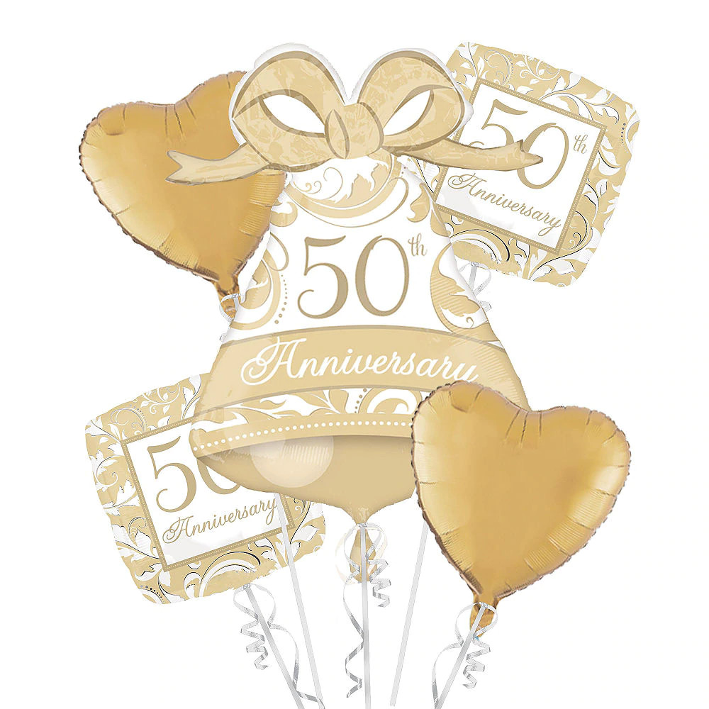 Gold 50th Anniversary Elegant Scroll Foil Balloon Bouquet 5 per package