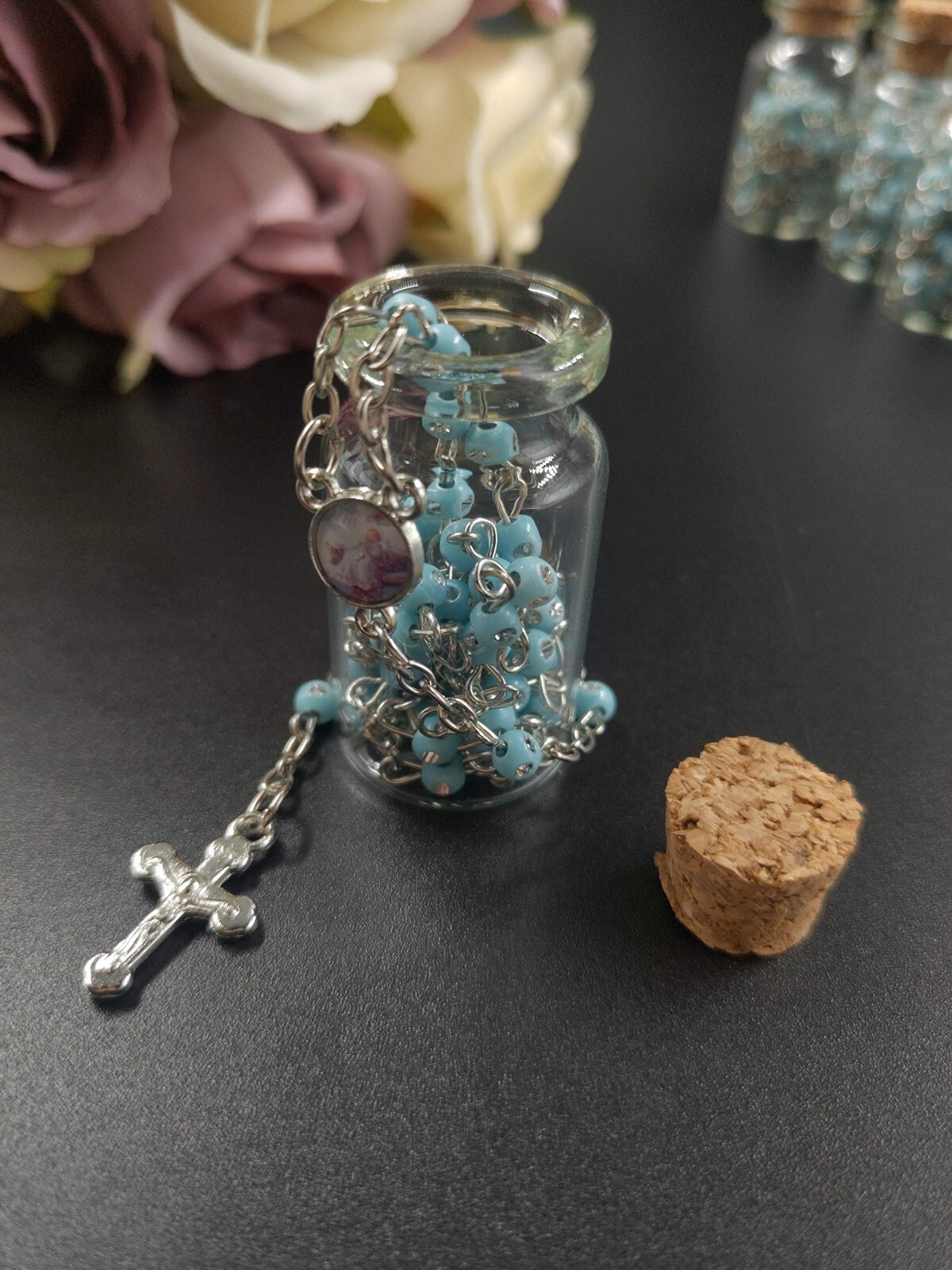 US 12pcs Blue Beaded Rosary Necklace in Wishing Bottle Bag Gifts for Guests