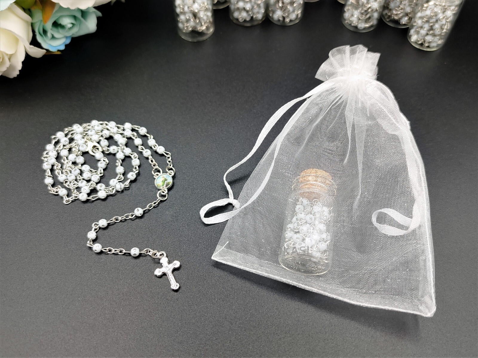 US 4/12pcs White Bead Rosary Necklace in Wishing Bottle Recuredo De Bautizo