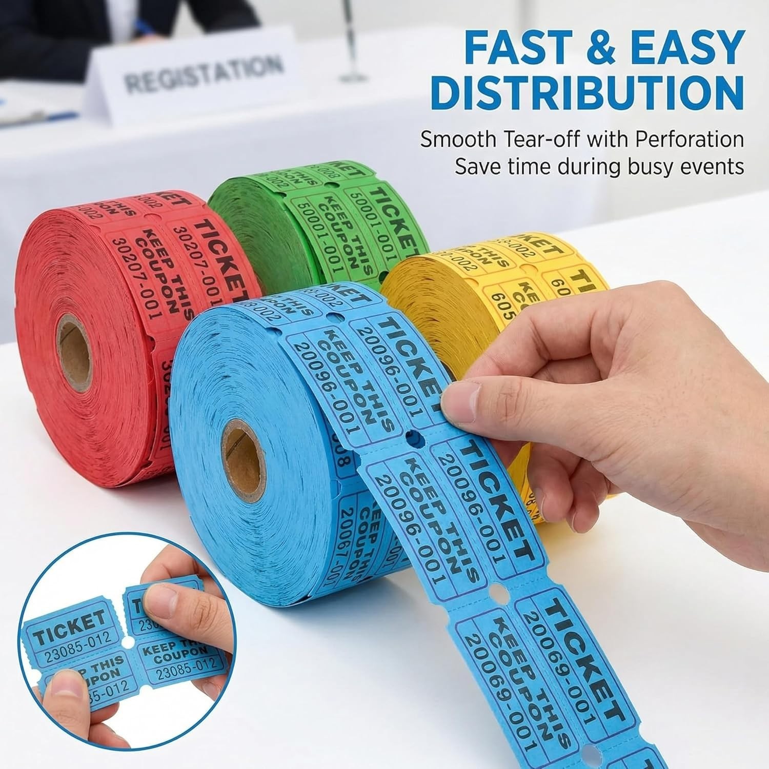 4000 Pairs Double Raffle Tickets – 4 Assorted Colors (Pink, Blue, Red, Purple) –
