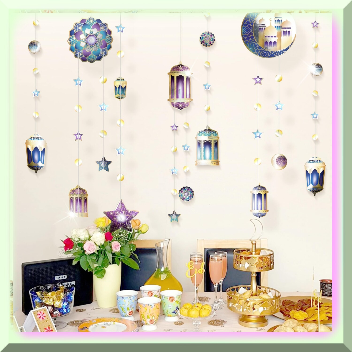 Ramadan Lantern and Garland Set with Moons Stars Flowers
