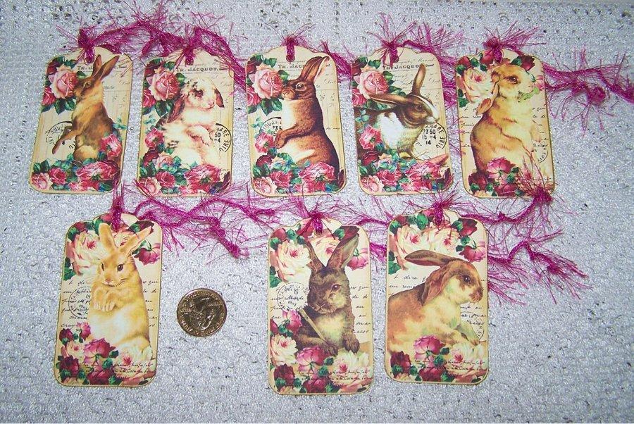 8~Easter~Vintage~Victorian~Bunny~Roses~Linen Cardstock~Gift~Hang~Tags