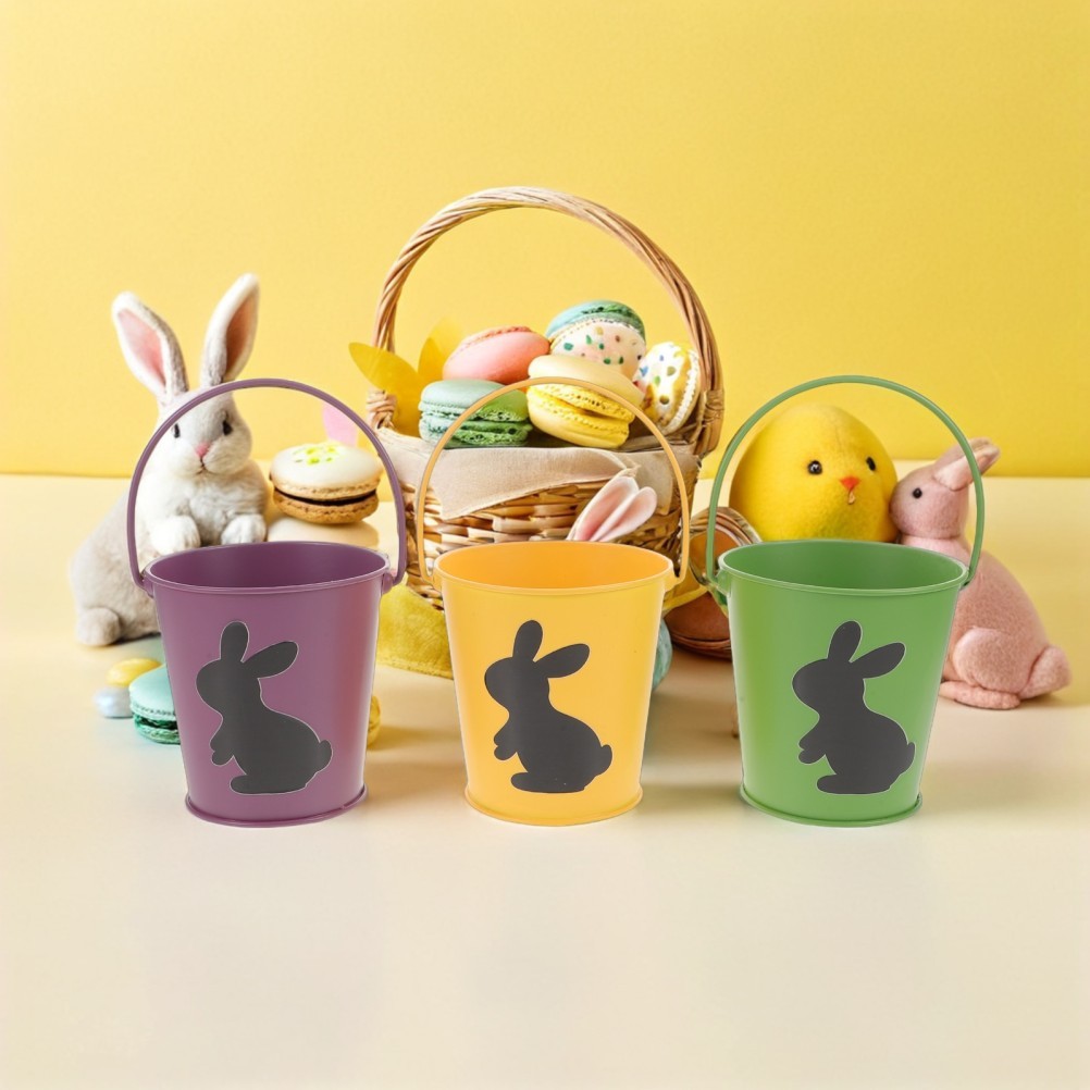 3Pcs Reusable Iron Bunny Candy Buckets Easter Egg Hunt Baskets with Handles