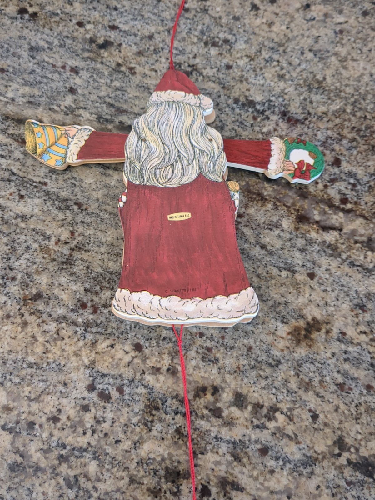 Vintage Santa Wood Pull String Christmas Ornament Susan Feves 1986