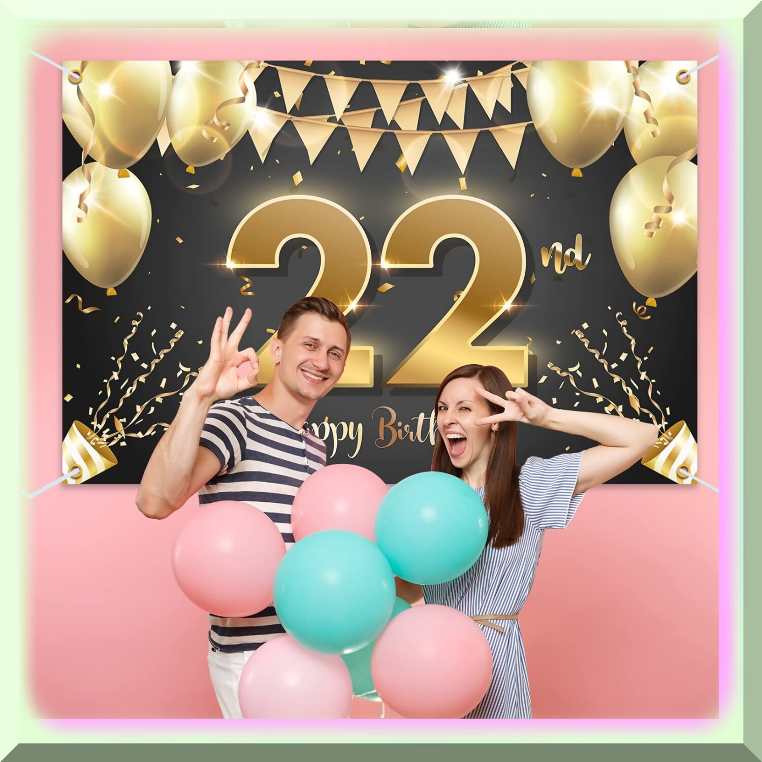 Black and Gold 22nd Birthday Backdrop 6×4 Feet