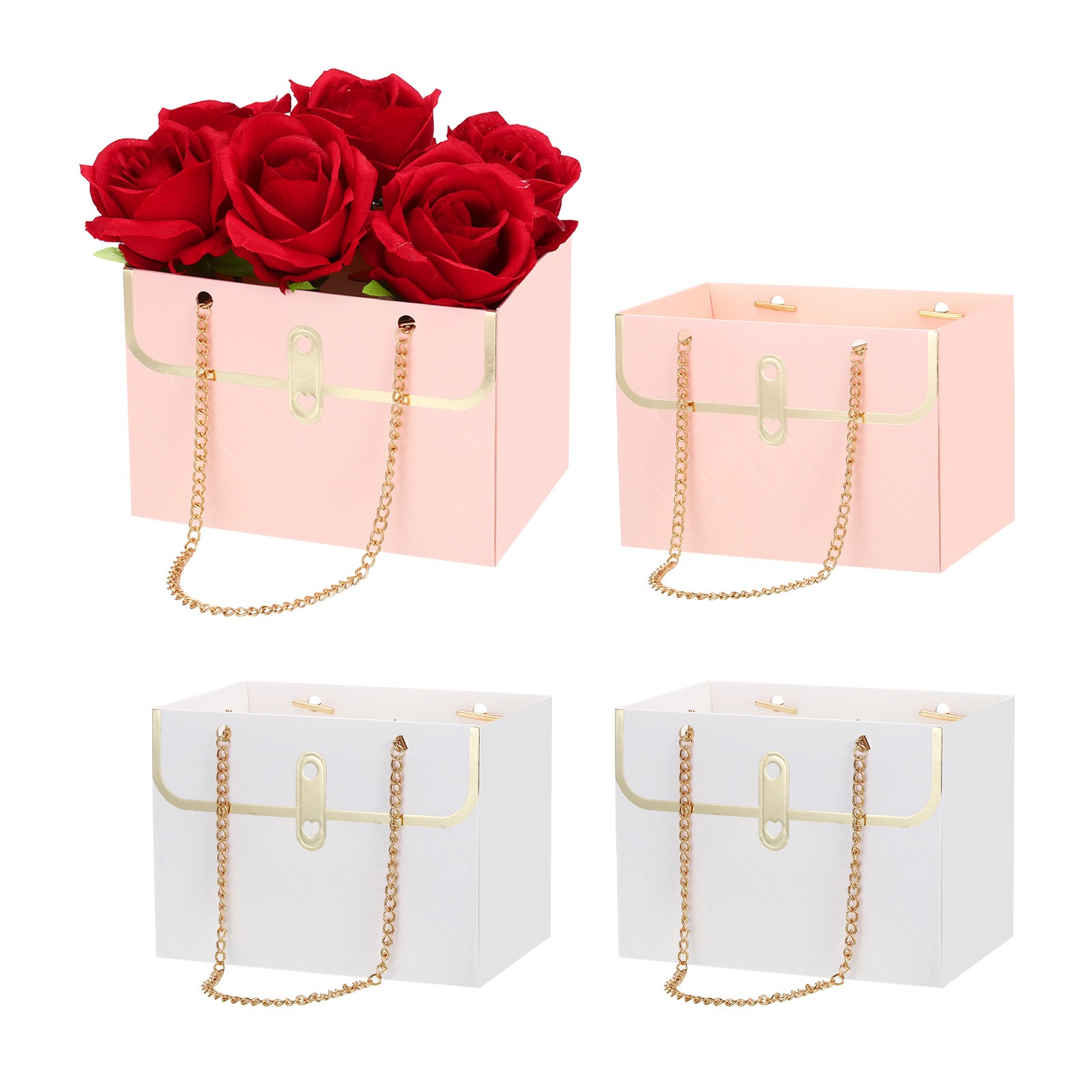 Paper Flower Gift Bags, 4 Pack Rectangle Florist Bouquet Bags Box