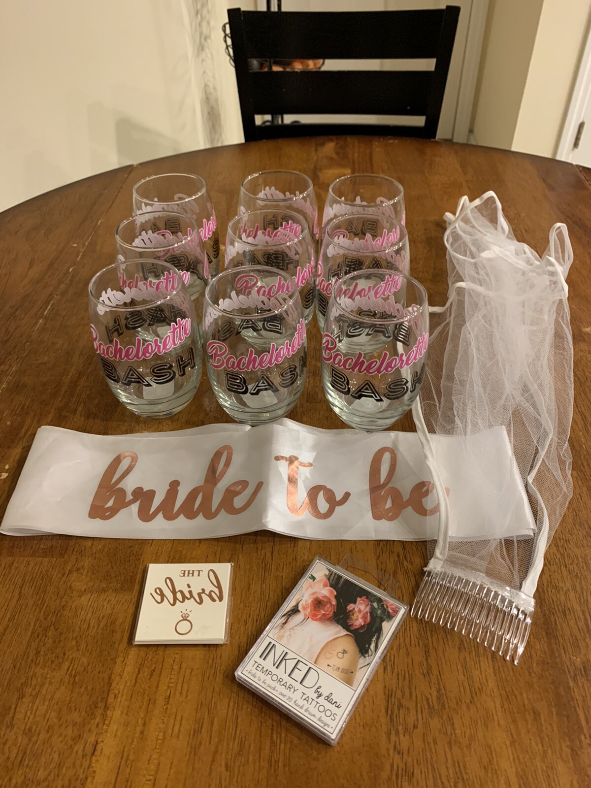 Bachelorette Party 9 Wine Glasses Sash Veil Tattoos Bride