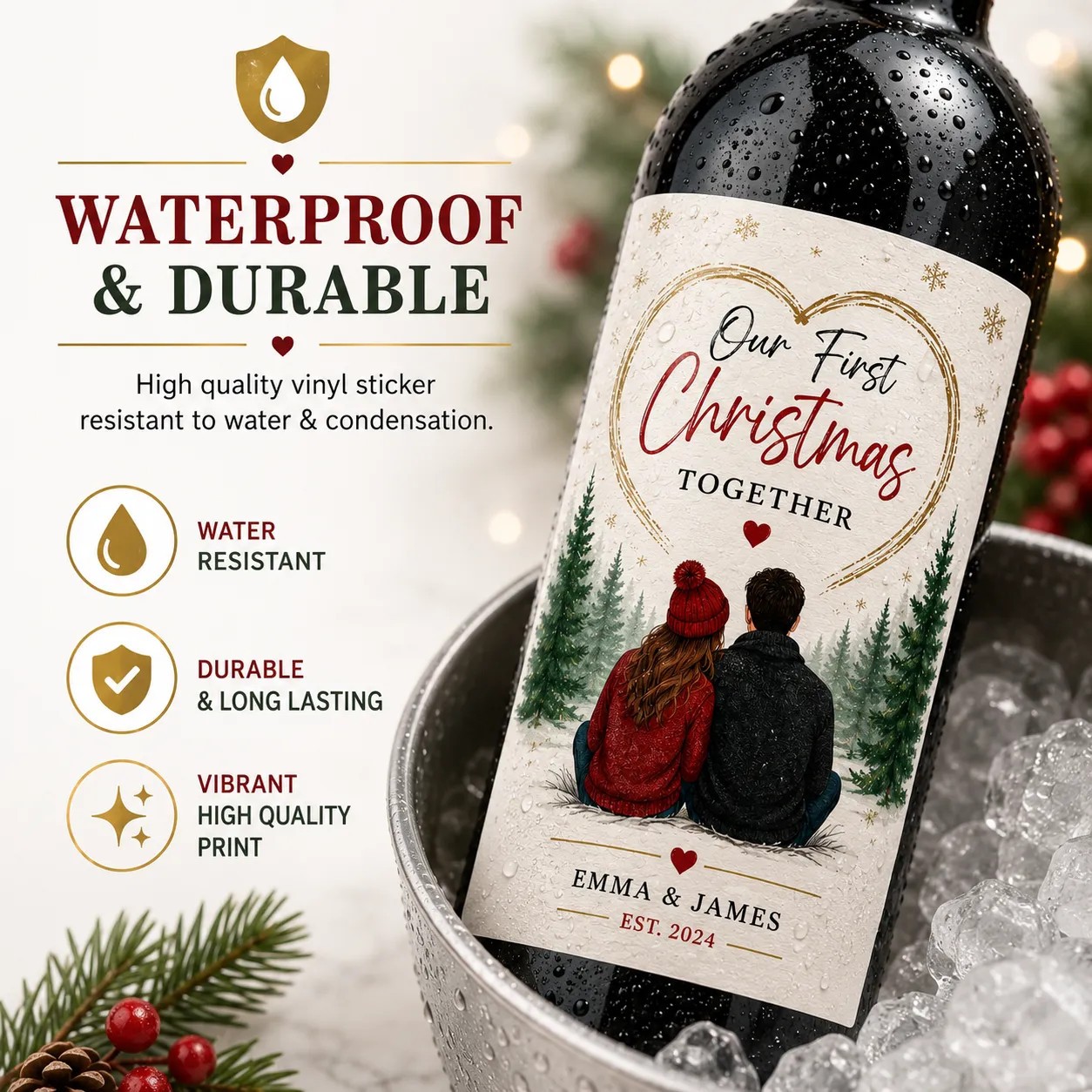 Personalised First Christmas Together Bottle Label Sticker Custom Wine Gift