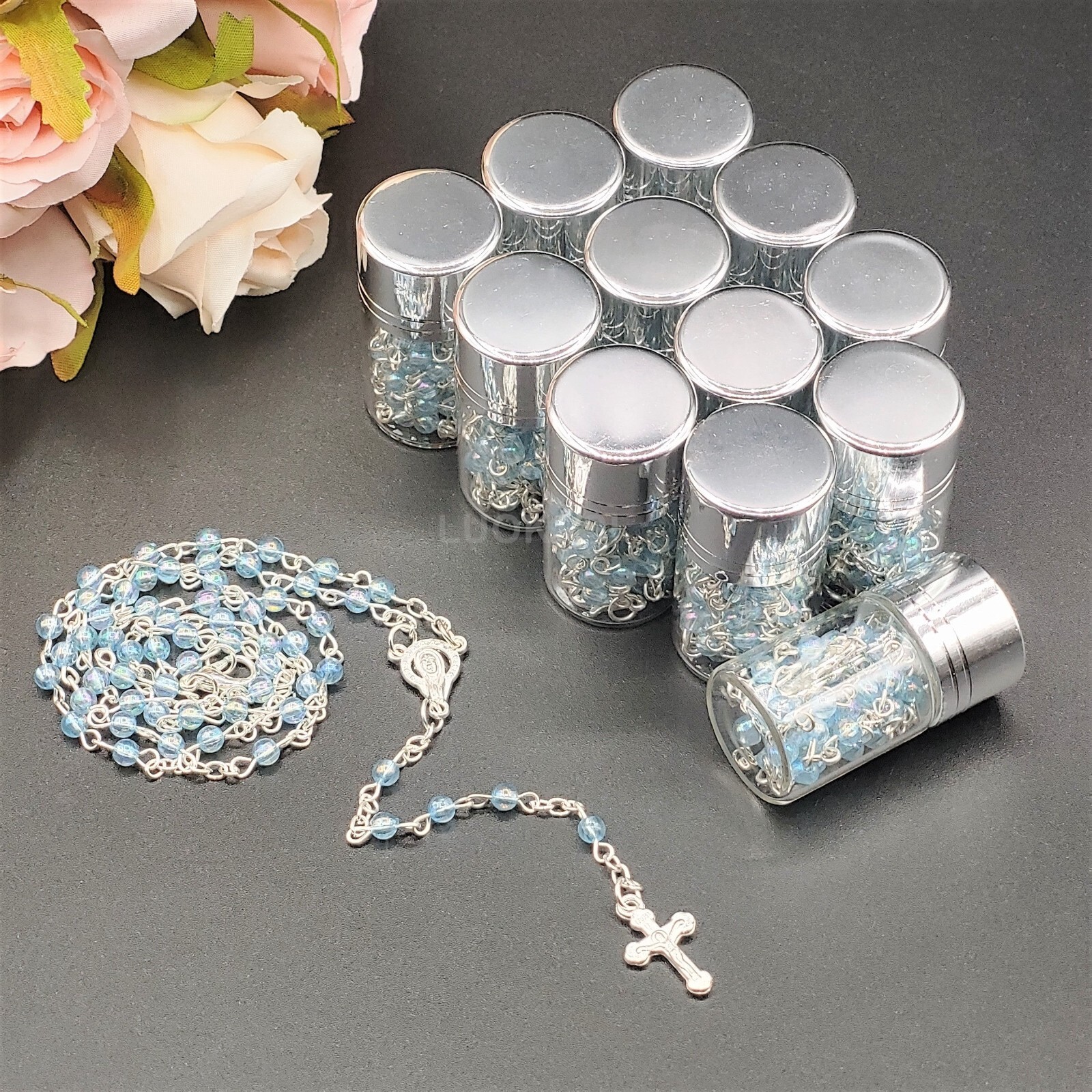 12 Blue Clear Rosary Crucifix Silver Bottle Recuerdos de Bautizo Holy Communion