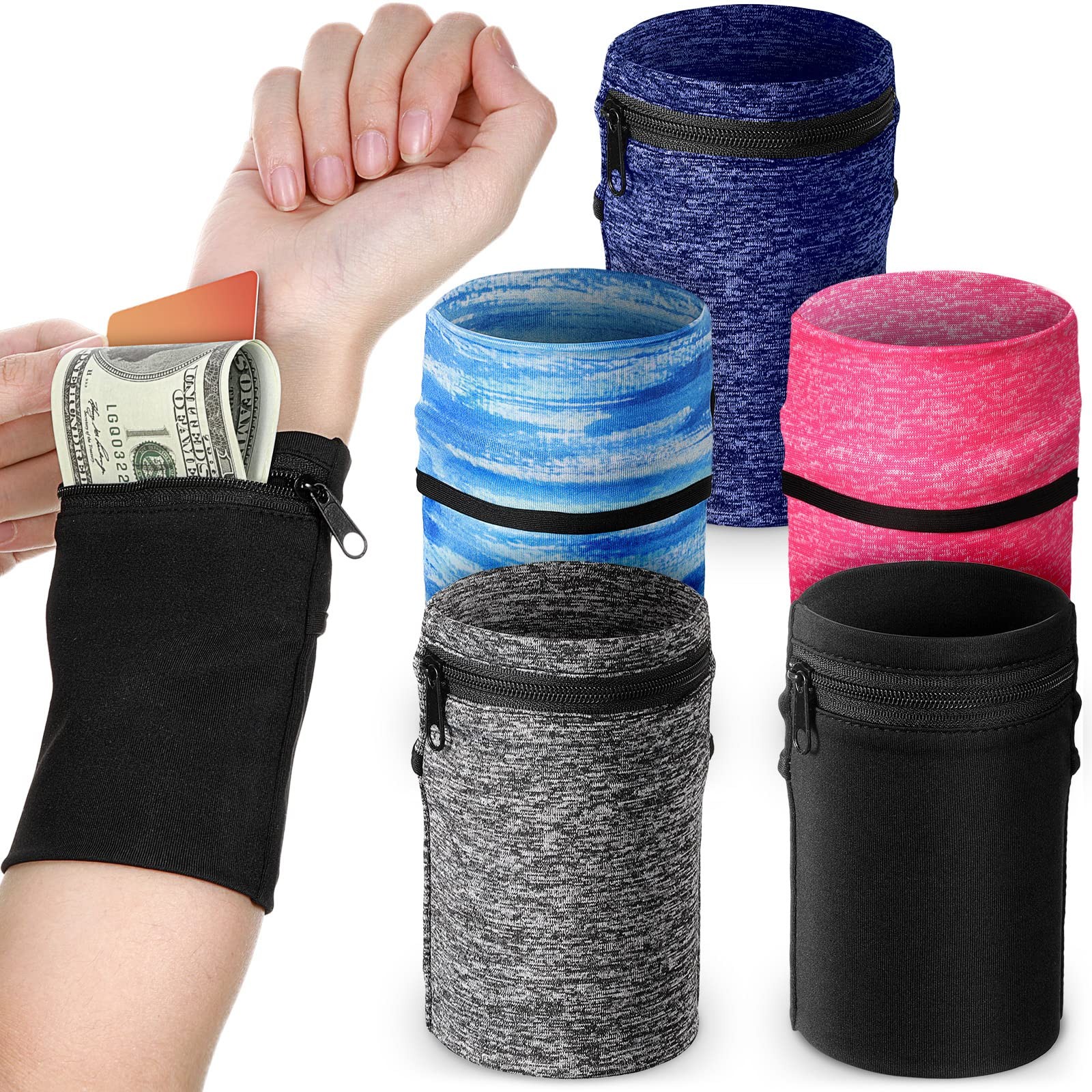 Honoson 5 Pcs Wrist Wallet for Women Men, Zipper Pouch Dark Colors