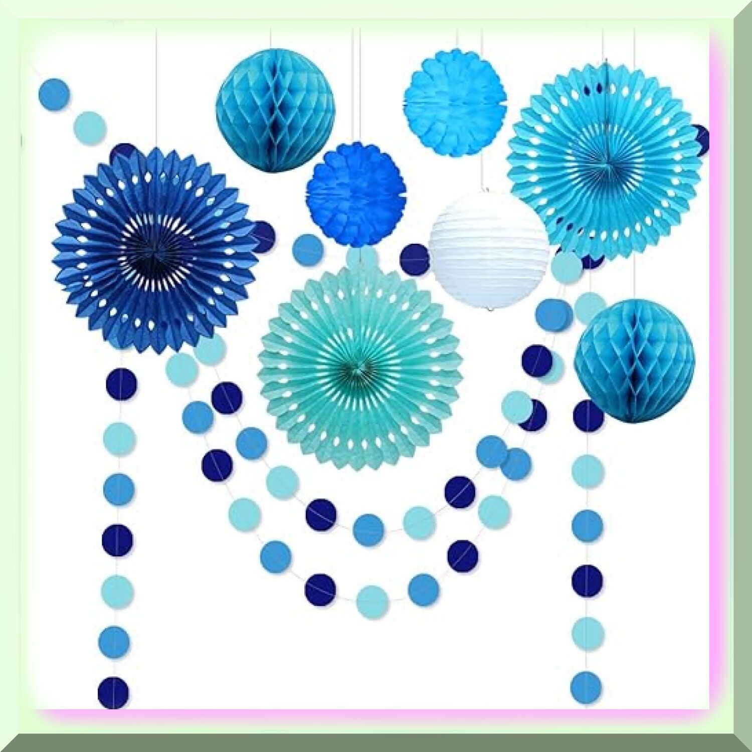 Blue and White Paper Fan Flowers Tissue Pom-Poms Garlands