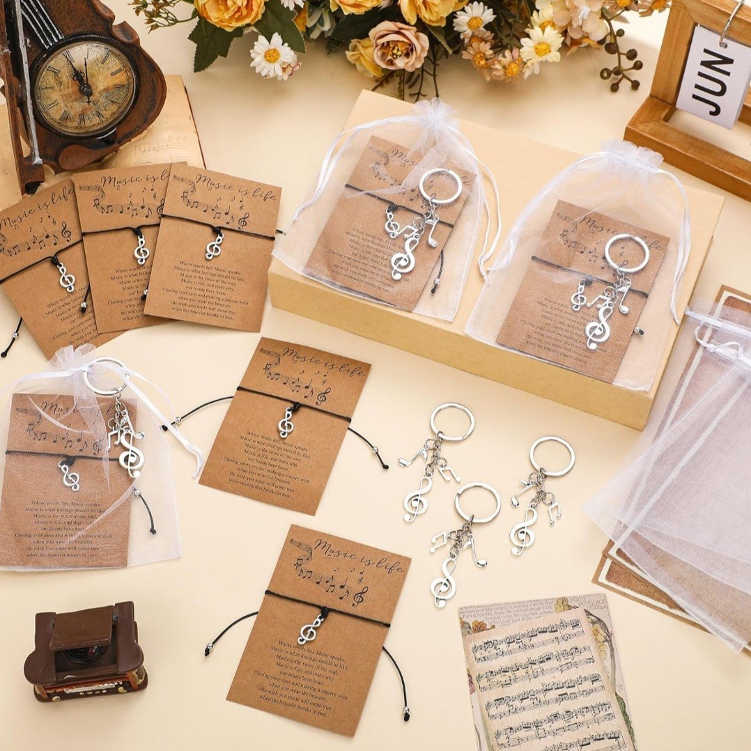 Landical 30 Set Music Party Favors Bulk Note Bracelets and Keychains w/gift bags