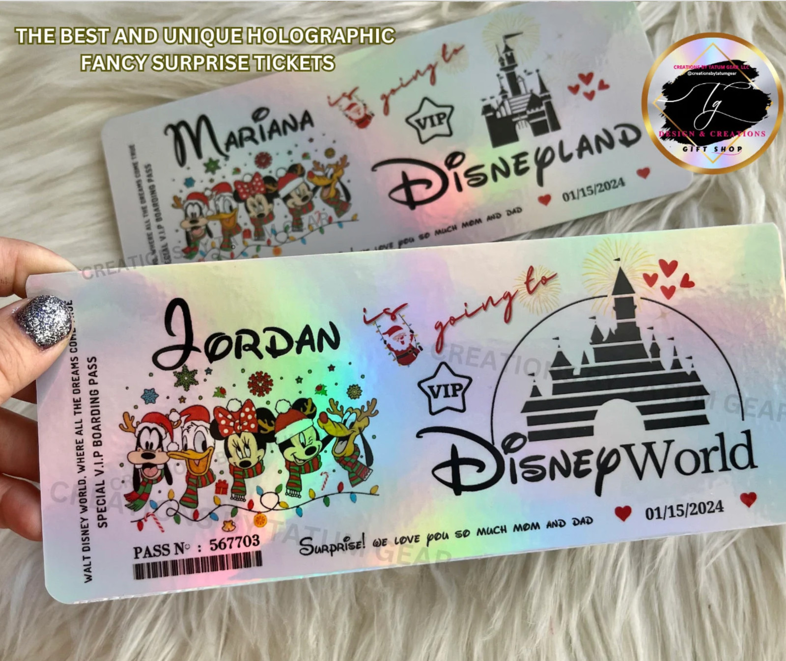 Physical Holographic Unique Personalized Surprise Reveal Ticket Disney Christmas