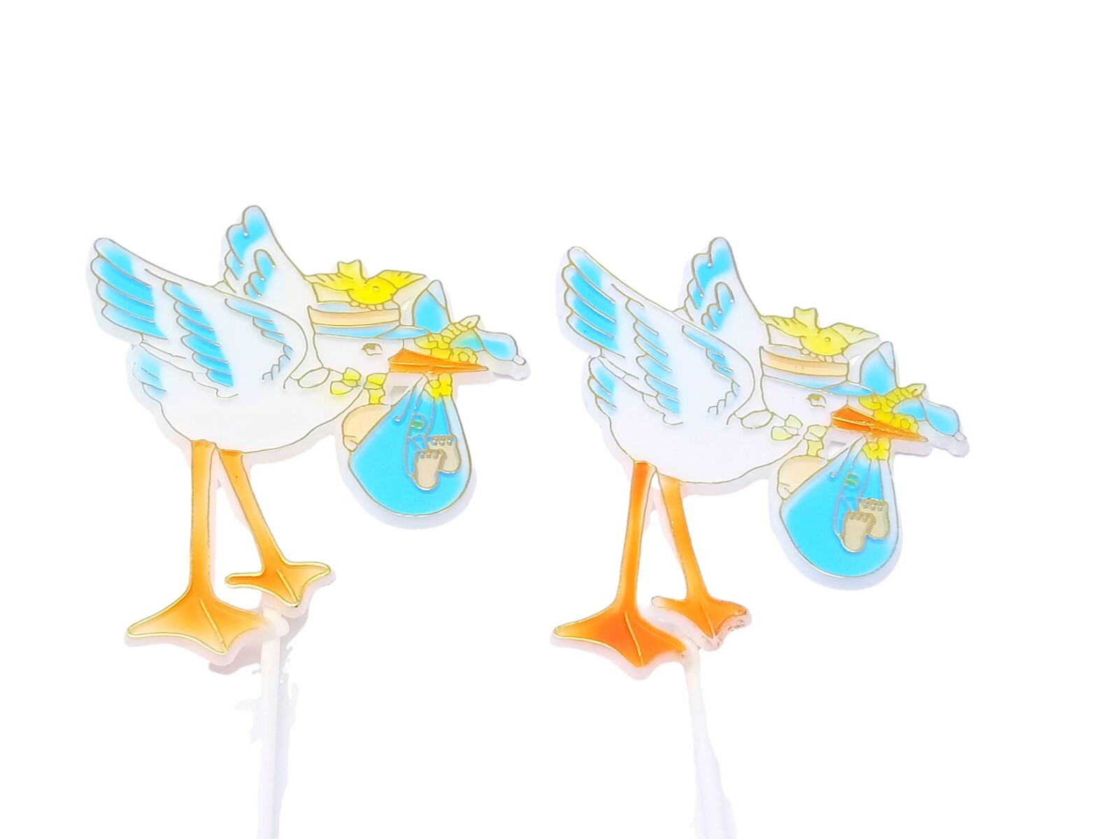 12 Plastic blue stork in flight shower favors appliques floral cupcake picks 4×3