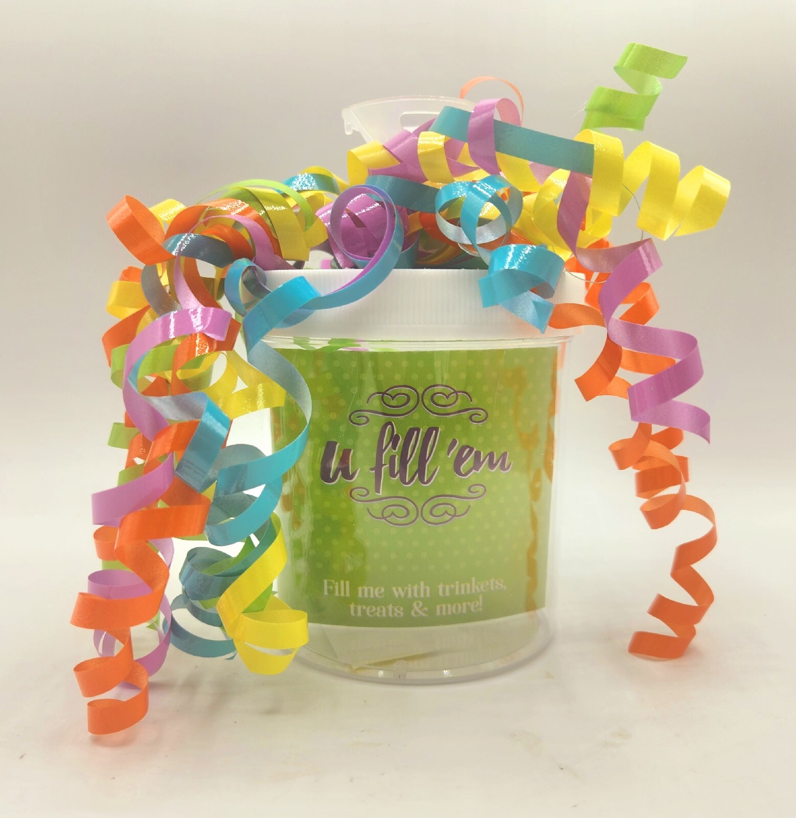 U Fill Em Party Trinket Container w/ Curly Ribbons, Balloon Holder, BRAND NEW