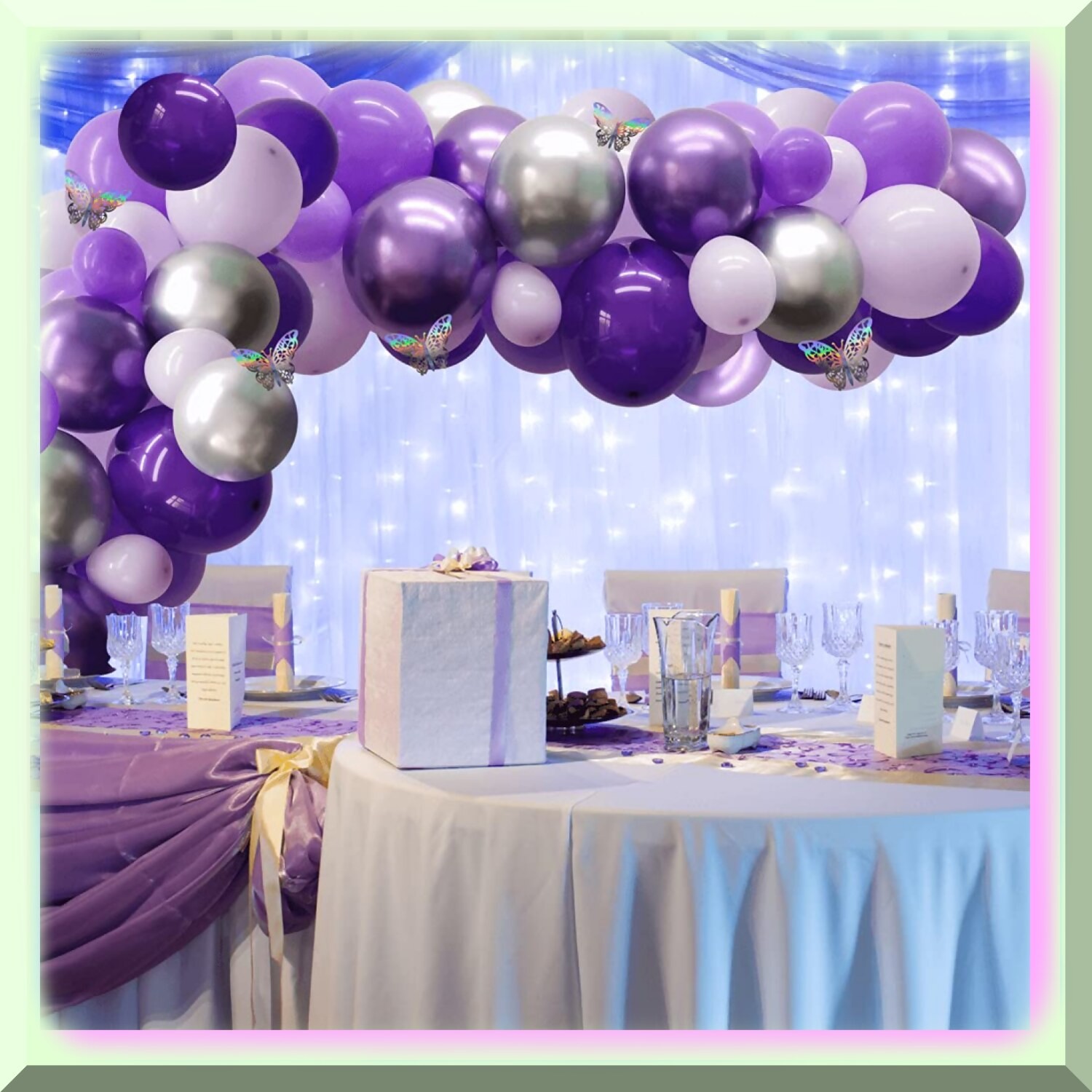 Purple and Silver Balloon Garland Kit with Butterfly Decorations