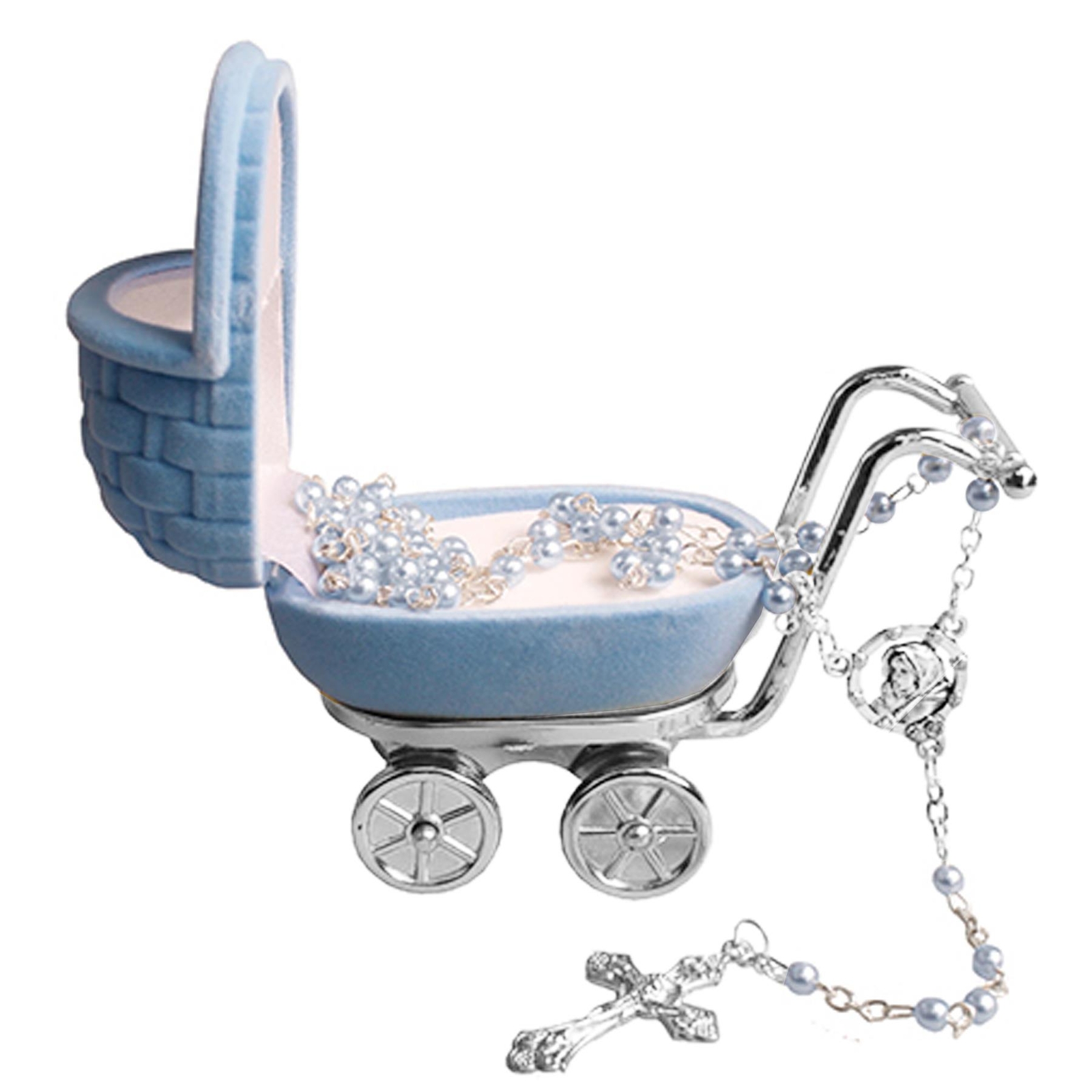 Christening Baptism Baby Pram Keepsake with Rosary Beads – Blue