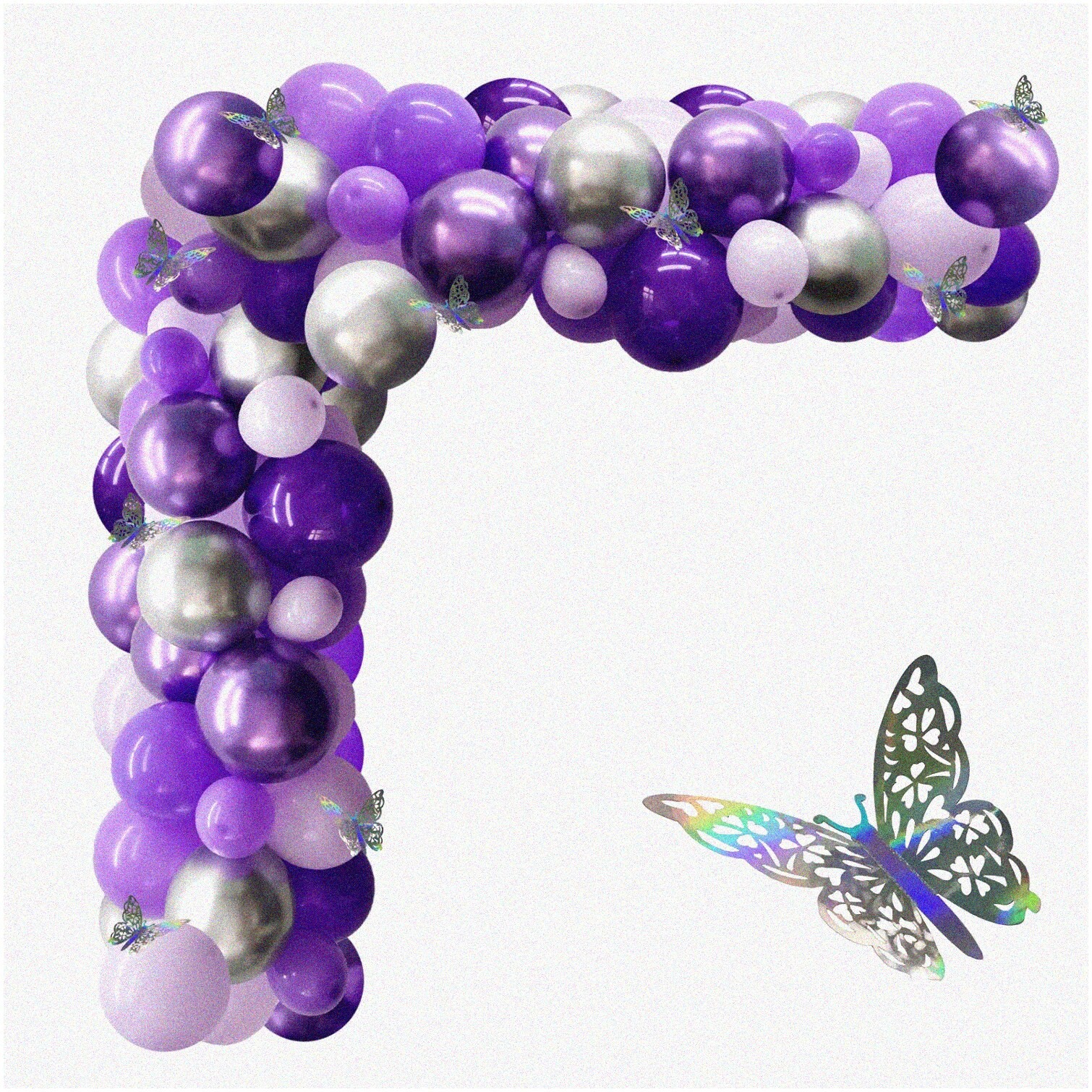 Purple and Silver Balloon Garland Kit with Butterfly Decorations