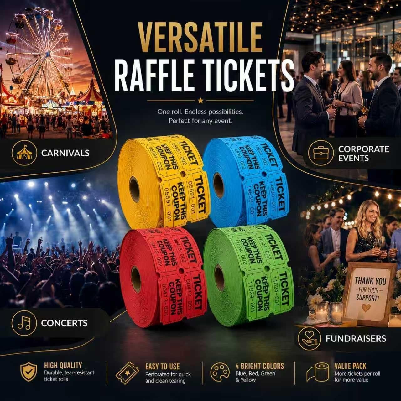 4000 Pairs Double Raffle Tickets – 4 Assorted Colors (Pink, Blue, Red, Purple) –