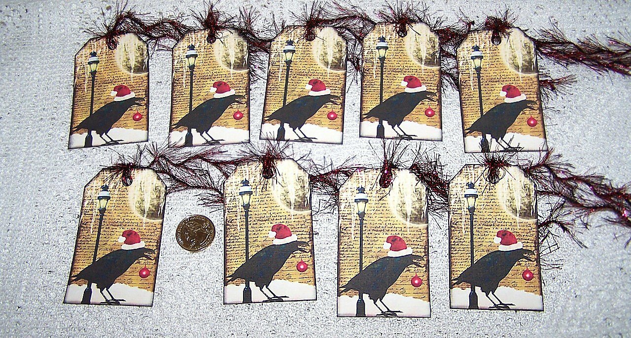 9~Christmas~Crow~Raven~Linen Cardstock~Gift~Hang~Tags~Ornaments