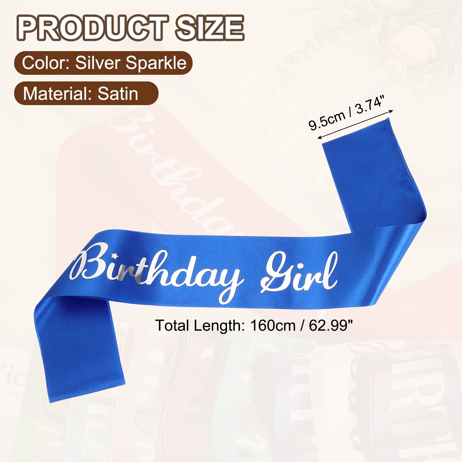 Birthday Girls Sash with Pin Silver Sparkle Lettering for Birthday Party Blue