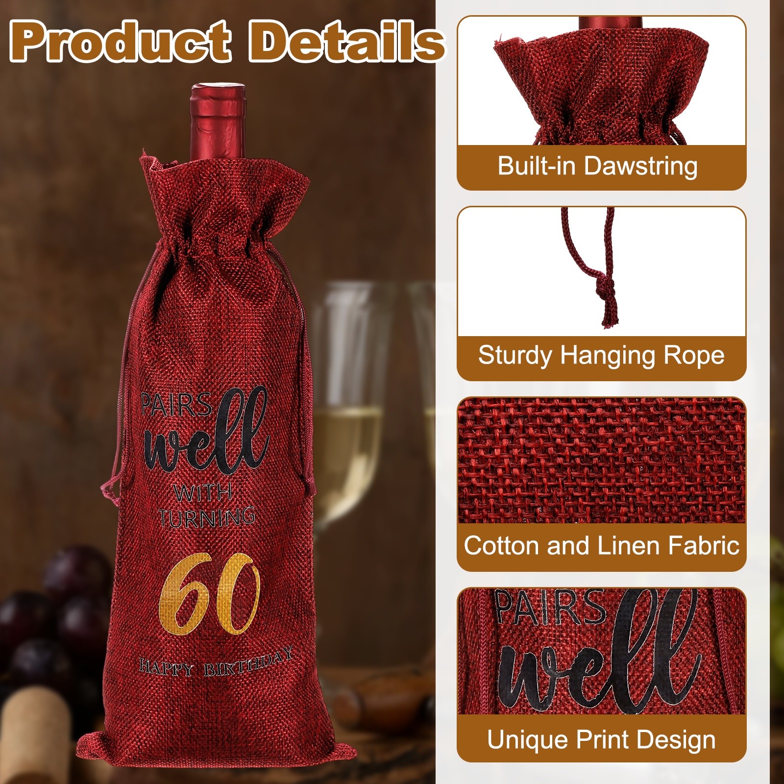 6 x 14 Inch 60th Birthday Gift Wine Bottle Bag with Drawstring, Red