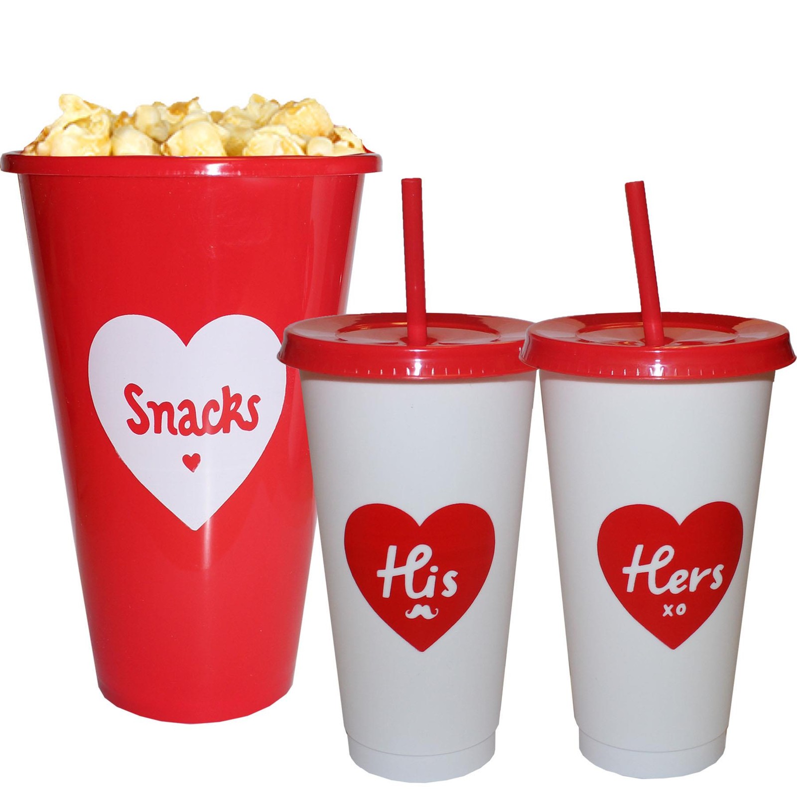 Popcorn Holder, and 2 Cups with Straws Valentines Movie Date Night Set