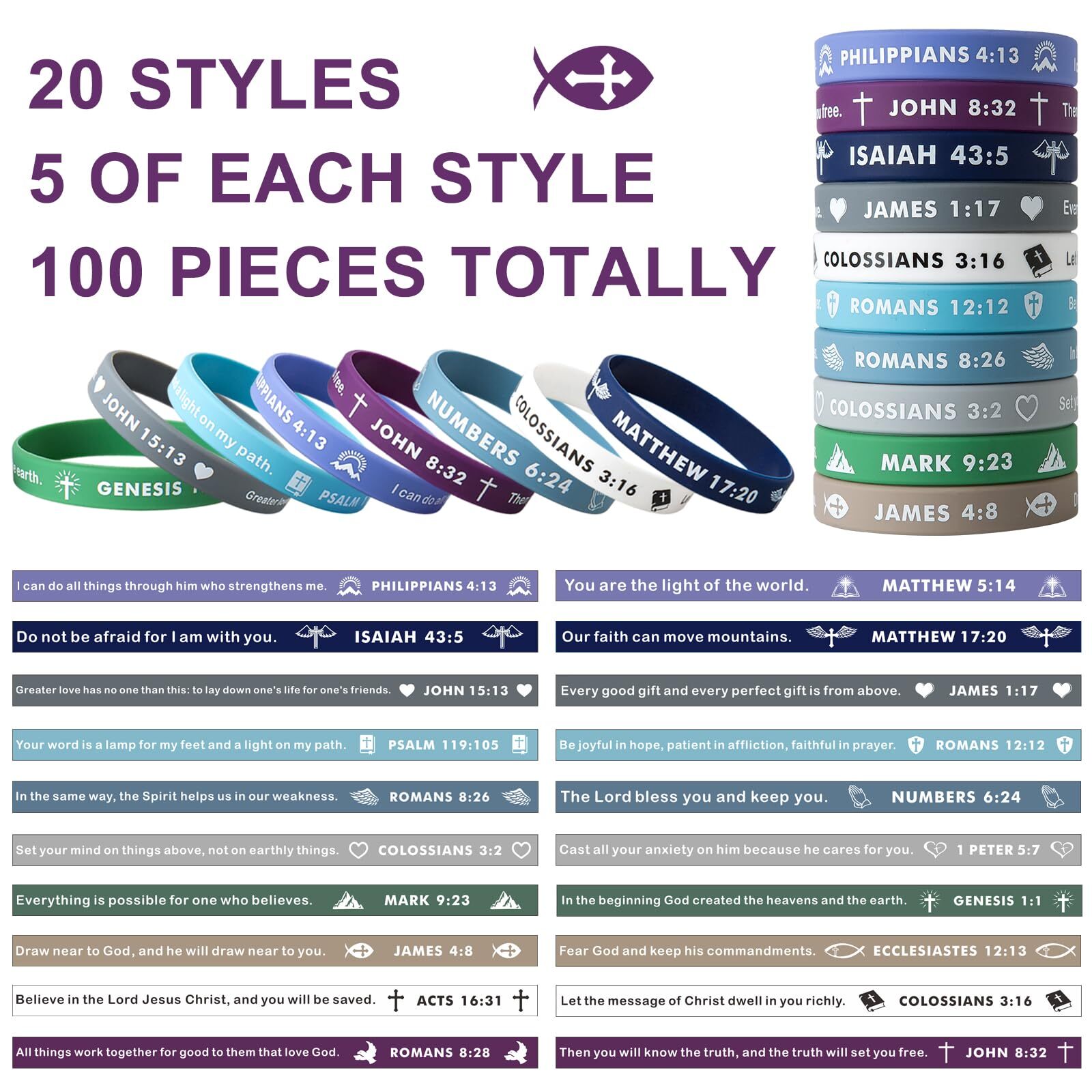 100 Pcs Silicone Religious Wristbands Bible Verse Rubber Bracelets for Men Women