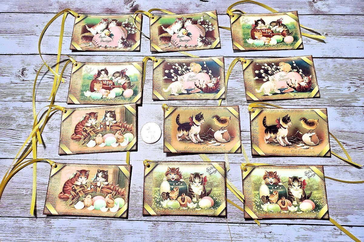 12~Easter~Vintage~Victorian~Cats~Linen Cardstock~Gift~Hang~Tags