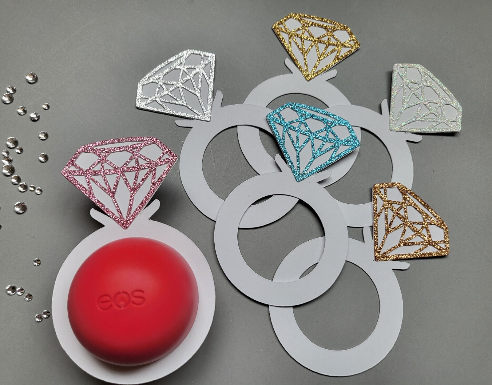 Set of 12 Diamond Ring Bridal Shower/EOS Lip Balm Holders (6 colors – U PICK!)