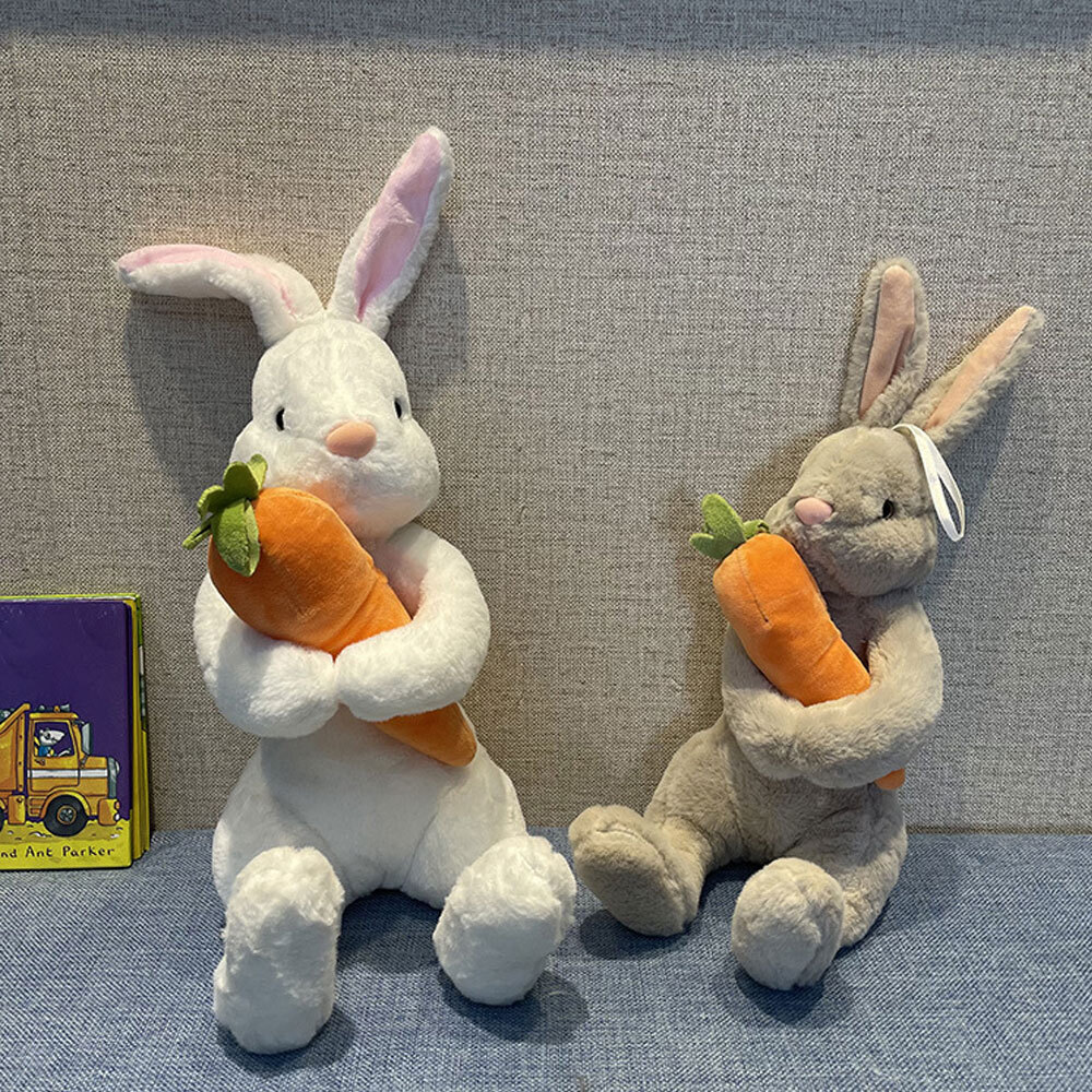 Easter Day Cute White Grey Sitting Bunny Hugging Carrot Simulated Rabbit Doll AE