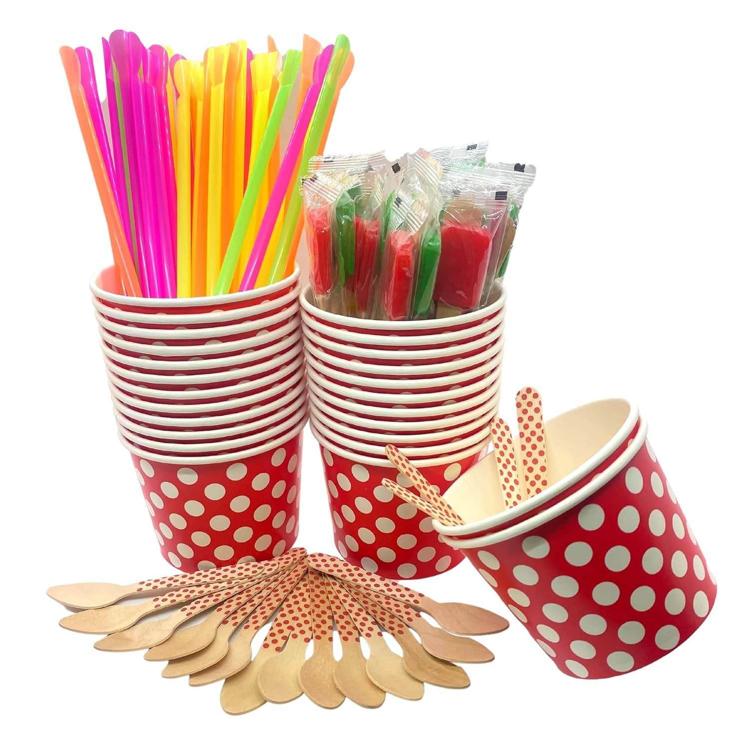 125 Pieces Snow Cone/Shaved Ice/Ice Cream Kit with Bonus Candy Spoons Red