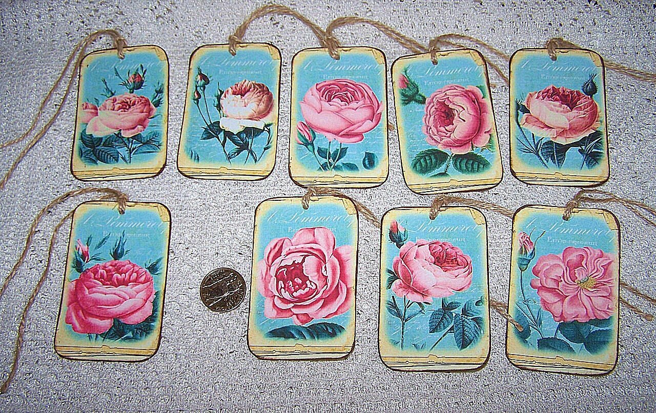 9~Vintage~French~Pink Roses~Fleurs~Linen Cardstock~Gift~Hang~Tags