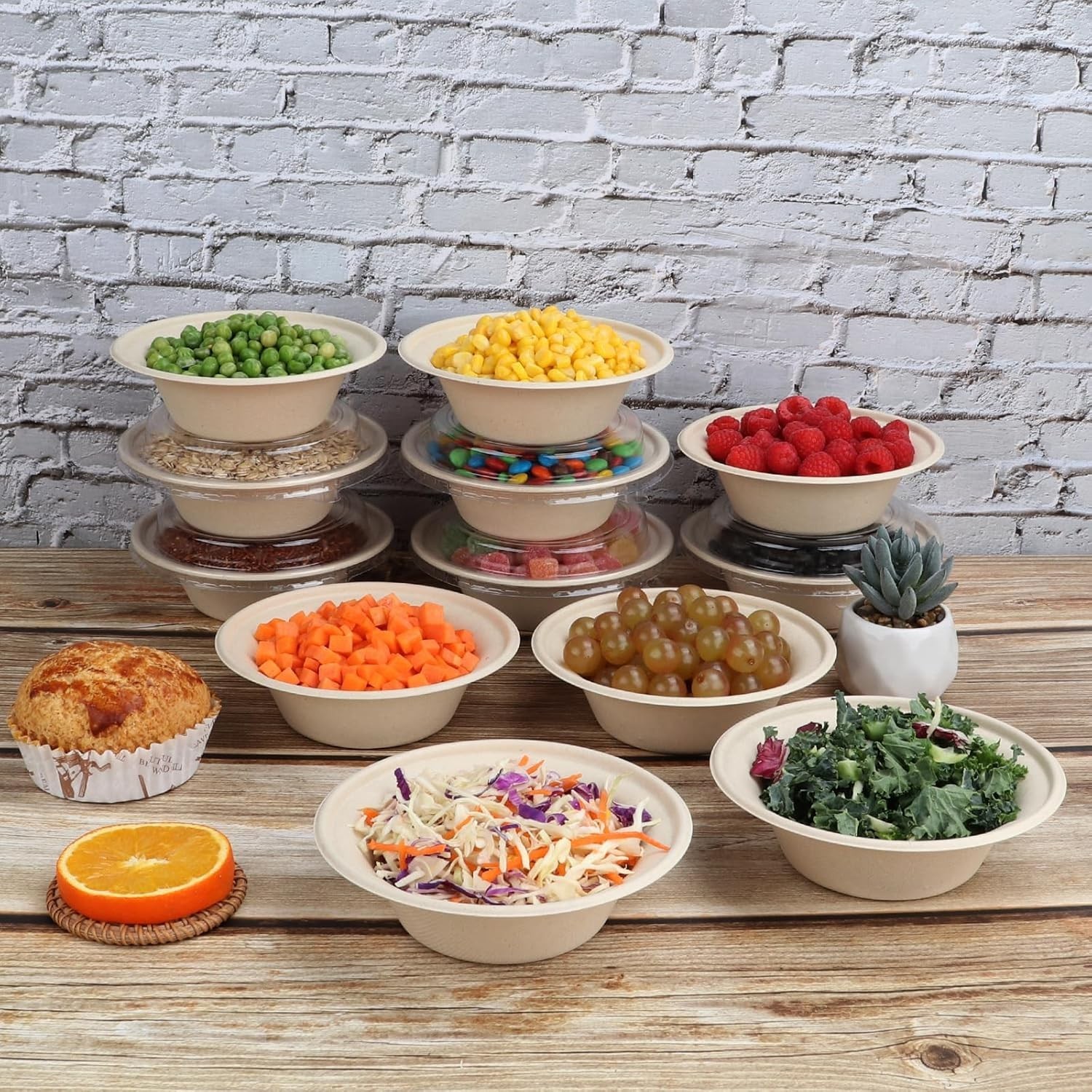 12 oz Round Disposable salad bowls W/ lids Sugarcane Fiber Paper Bowls Plant