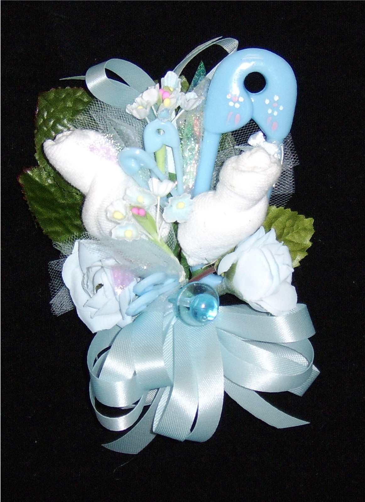 Baby Shower Corsage With Blue Big Pin Rattle