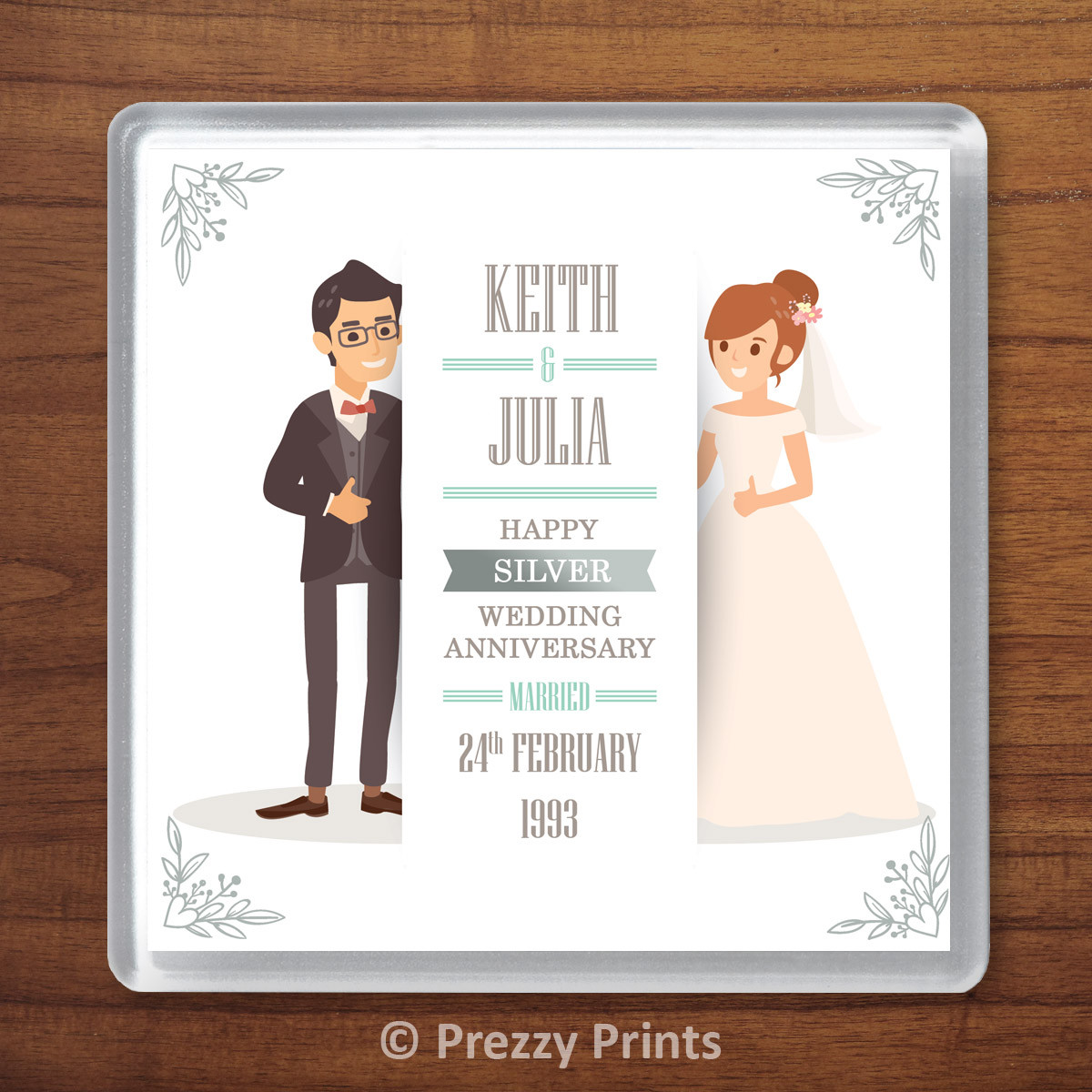 Personalised Silver 25th Wedding Anniversary Drinks Coaster Gift Present