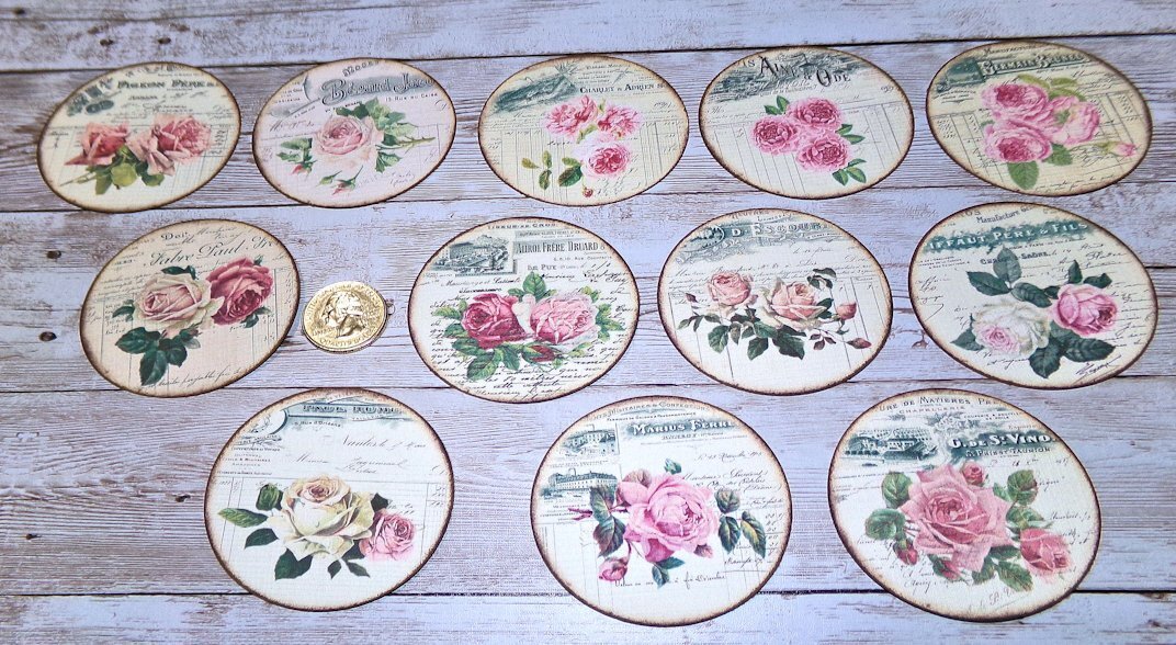12~Vintage~Ephemera~French Rose~Invoice~Linen Cardstock~Circle~Stickers