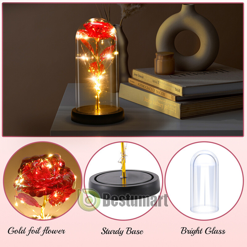 Crystal Eternal Galaxy Rose Flower LED Light Glass In Dome Gifts for Her Lovers