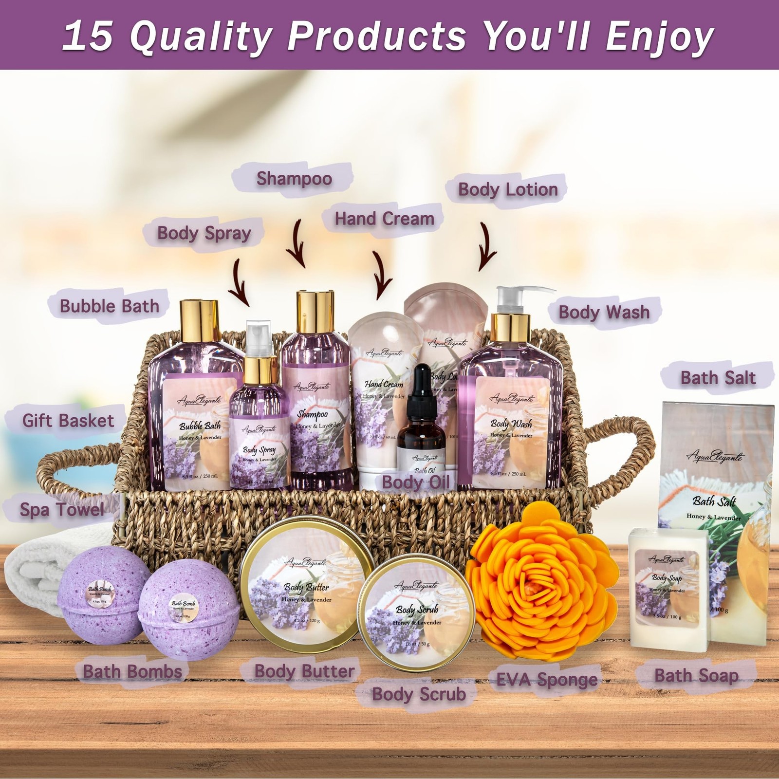 Bath Spa Gift Sets – Luxury Basket With Honey & Lavender – Spa Kit … Fast Ship