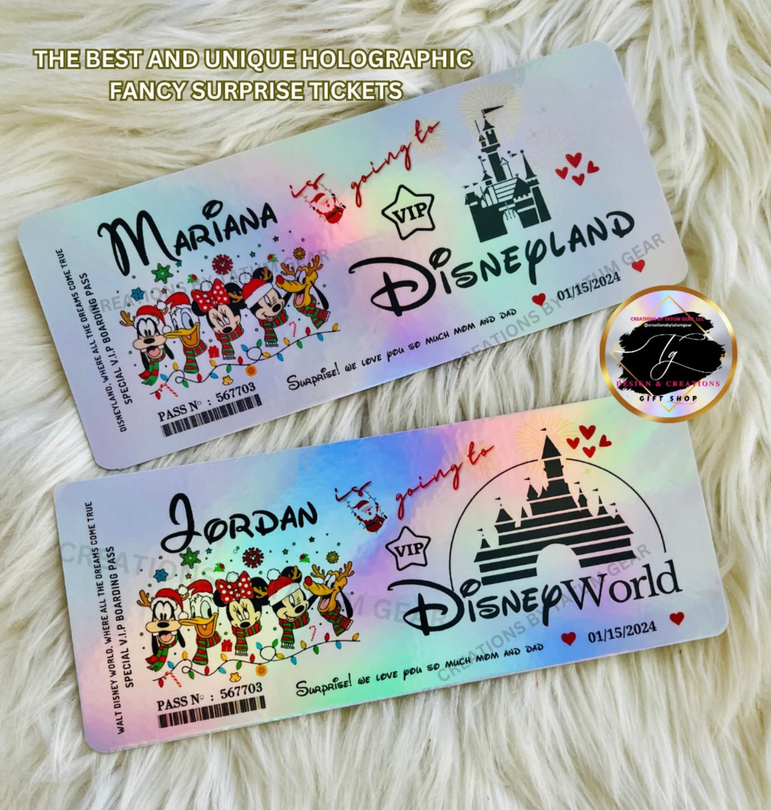 Physical Holographic Unique Personalized Surprise Reveal Ticket Disney Christmas