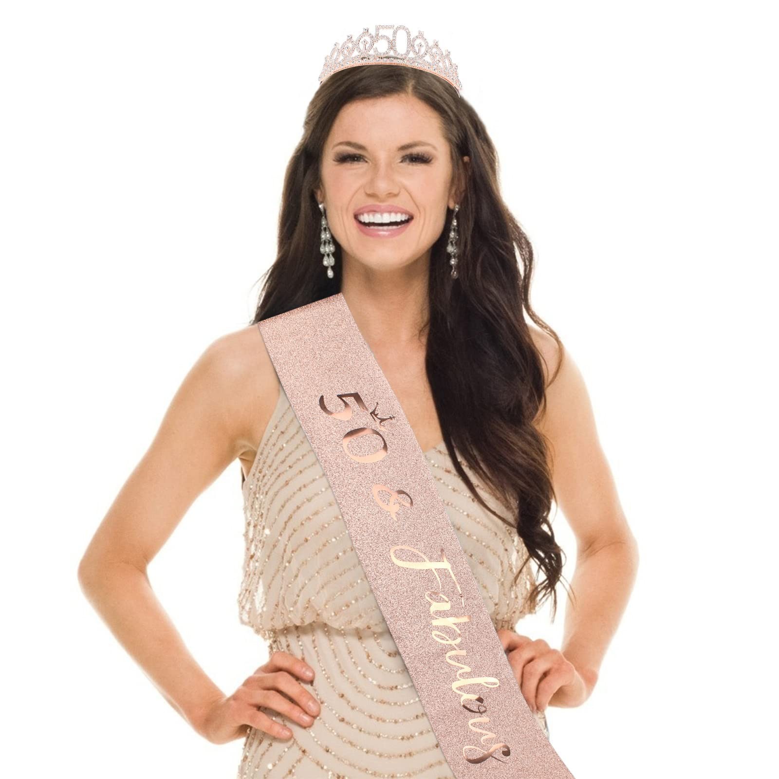 CIEHER 50th Birthday Crown + 50 & Fabulous 2 Piece Set, Sash & Tiara Set