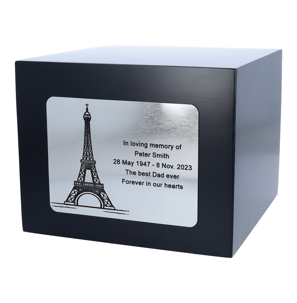 Paris urn for human ashes with Eiffel Tower and own text Personalized France urn