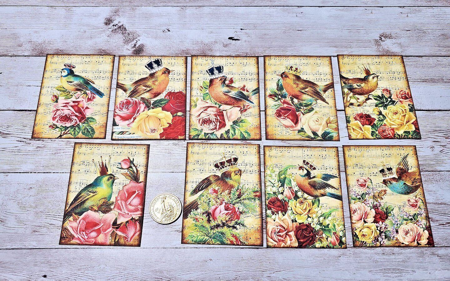 9~Vintage Style~Ephemera~Crowned Songbirds In Roses~Linen Cardstock~Cards
