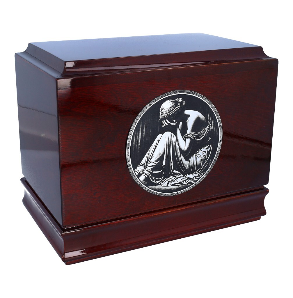Nostalgia wooden urn with crying woman Urn for father Urn for husband brother