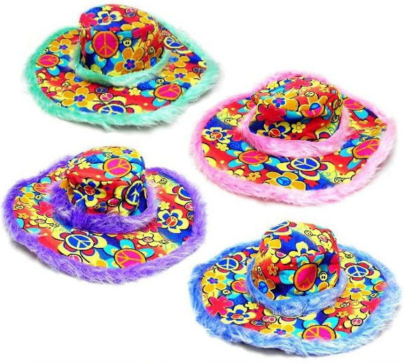 6 FUZZY PEACE SIGN WIDE BRIM PARTY HATS hippie hat caps