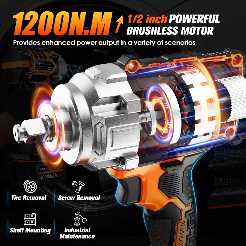 Cordless Impact Wrench, 900Ft-lbs (1200N.m) High Torque Brushless Impact Gun
