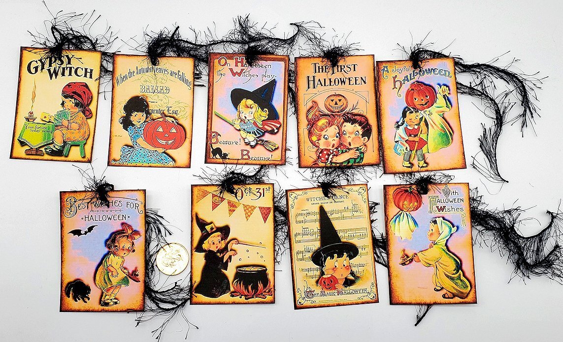 9-Halloween-Retro-Handmade-Junk Journals-Parties-Linen Cardstock-Gift-Hang-Tags