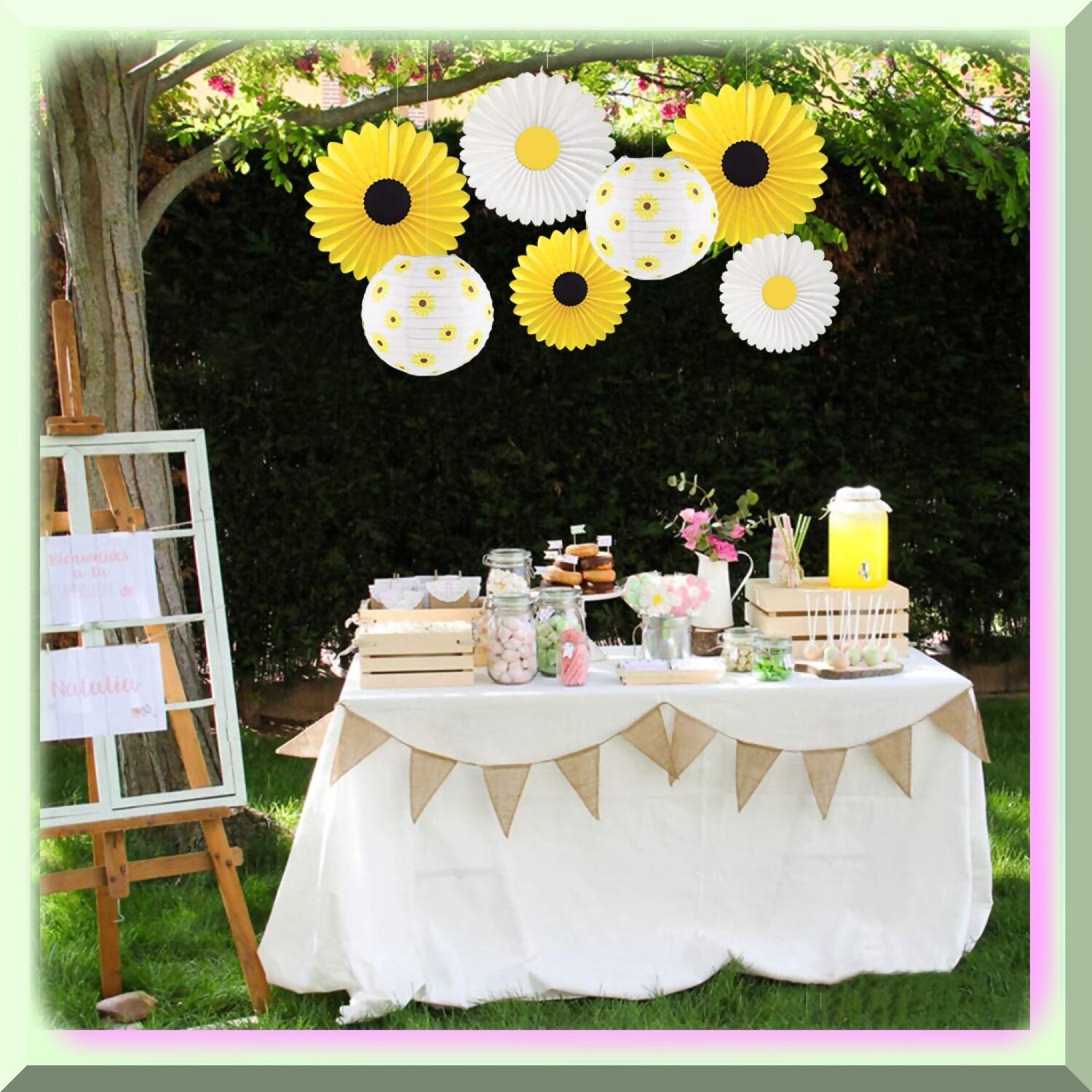 Sunflower Party Decorations with Paper Fans and Lanterns