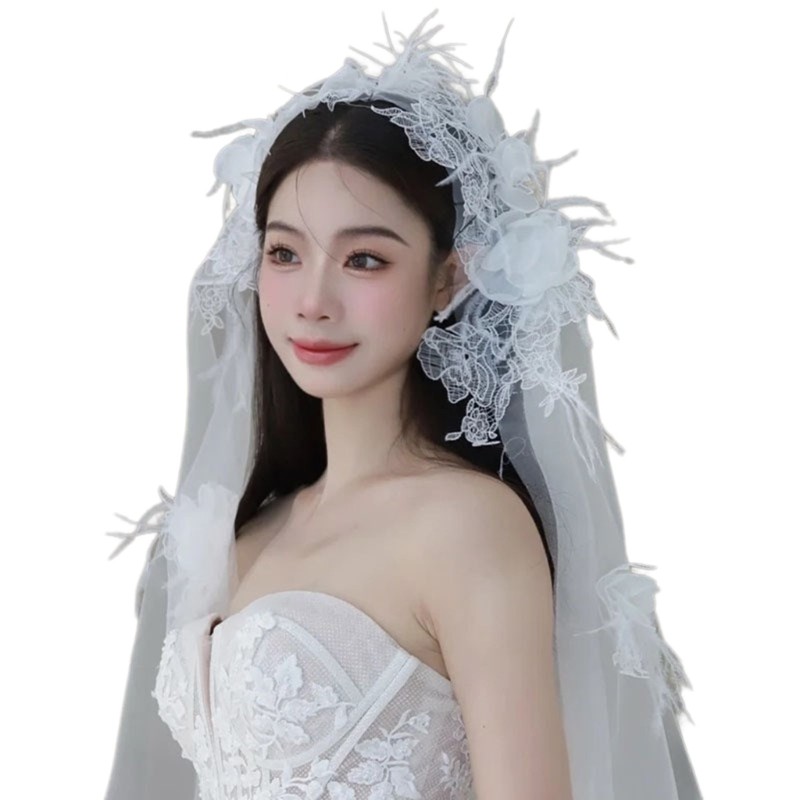 White 3D Flower Lace Floral Headscarf Bridal Wedding Veil Head Covering Scarf